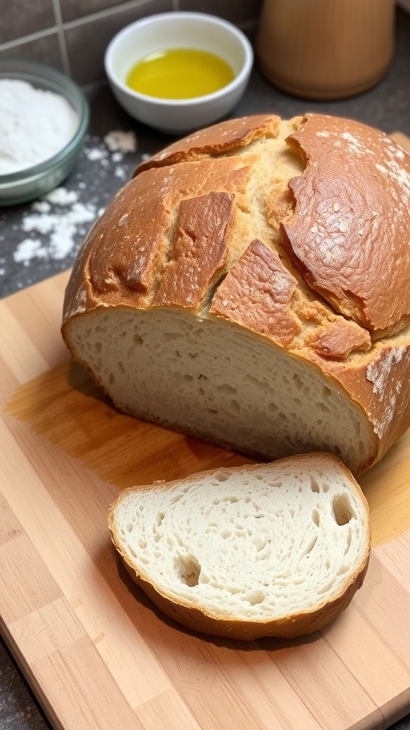Homemade Sourdough Bread with Yeast A golden crusted sourdough bread loaf on a cutting board with a slice cut to show the soft interior.